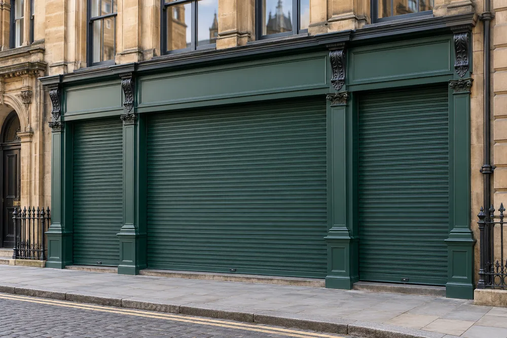 Green commercial shutters within a stone shopfront